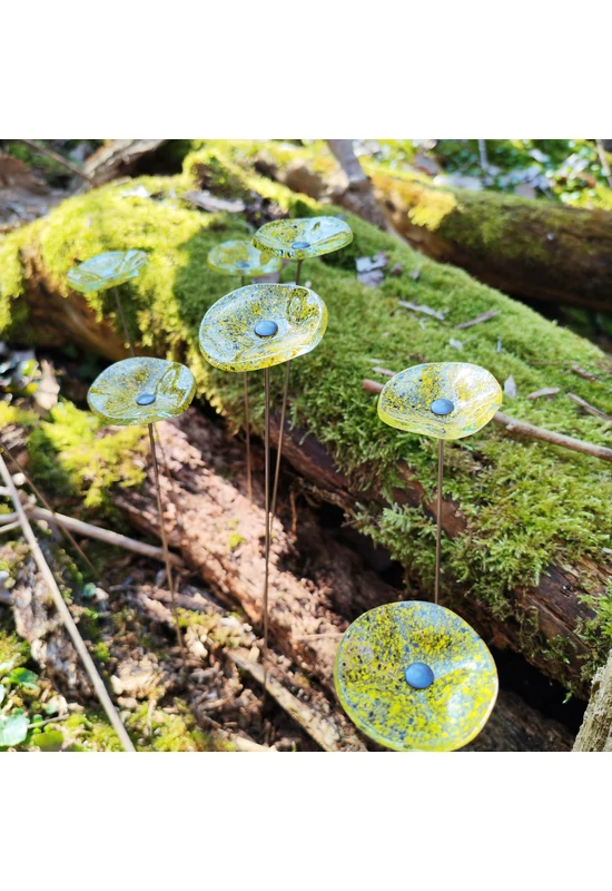 Kis méretű kerek üveg virág kültérre transzparens- sárga-fekete színben 43 cm -es rozsdamentes acélszáron