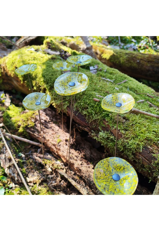 Kis méretű kerek üveg virág kültérre transzparens- sárga-fekete színben 43 cm -es rozsdamentes acélszáron