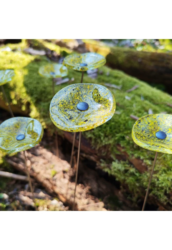 Kis méretű kerek üveg virág kültérre transzparens- sárga-fekete színben 43 cm -es rozsdamentes acélszáron