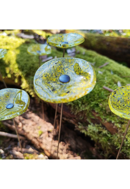 Kis méretű kerek üveg virág kültérre transzparens- sárga-fekete színben 43 cm -es rozsdamentes acélszáron