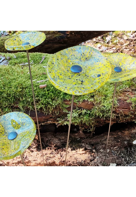 Kis méretű kerek üveg virág kültérre transzparens- sárga-fekete színben 43 cm -es rozsdamentes acélszáron