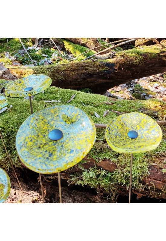 Kis méretű kerek üveg virág kültérre transzparens- sárga-fekete színben 43 cm -es rozsdamentes acélszáron