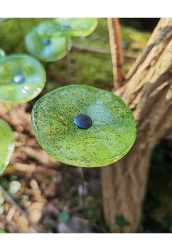 Kis méretű kerek üveg virág kültérre transzparens- almazöld színben 43 cm -es rozsdamentes acélszáron