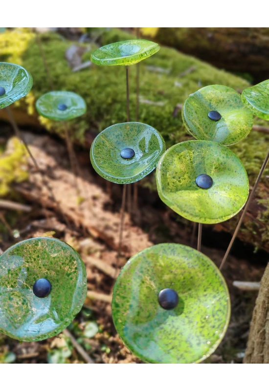 Kis méretű kerek üveg virág kültérre transzparens- almazöld színben 43 cm -es rozsdamentes acélszáron
