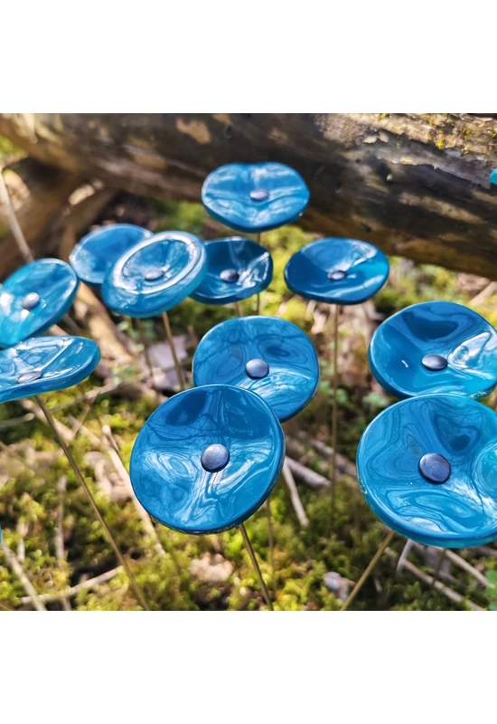 Kis méretű kerek üveg virág kültérre türkiz színben 43 cm -es rozsdamentes acélszáron