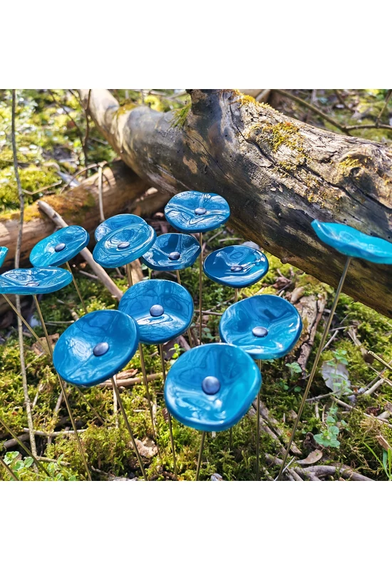 Kis méretű kerek üveg virág kültérre türkiz színben 43 cm -es rozsdamentes acélszáron