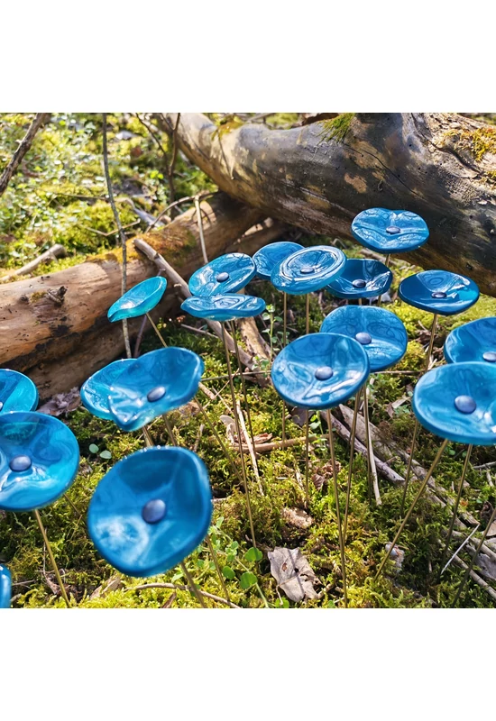 Kis méretű kerek üveg virág kültérre türkiz színben 43 cm -es rozsdamentes acélszáron