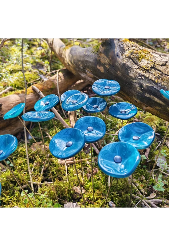 Kis méretű kerek üveg virág kültérre türkiz színben 43 cm -es rozsdamentes acélszáron