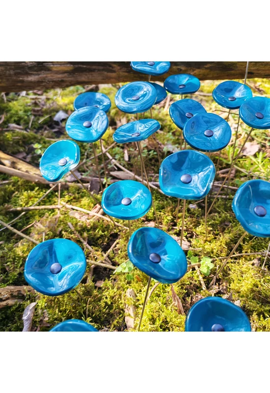 Kis méretű kerek üveg virág kültérre türkiz színben 43 cm -es rozsdamentes acélszáron