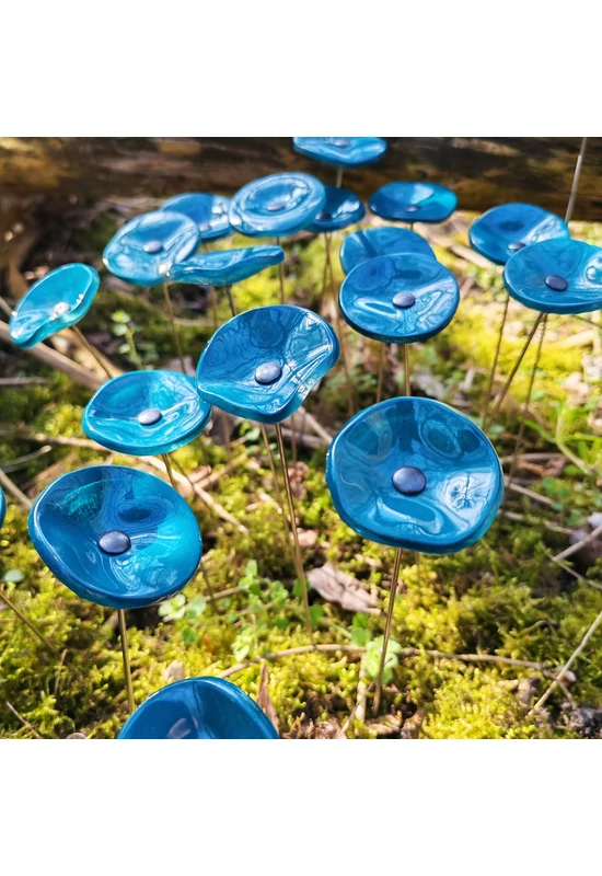 Kis méretű kerek üveg virág kültérre türkiz színben 43 cm -es rozsdamentes acélszáron