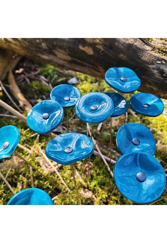 Kis méretű kerek üveg virág kültérre türkiz színben 43 cm -es rozsdamentes acélszáron