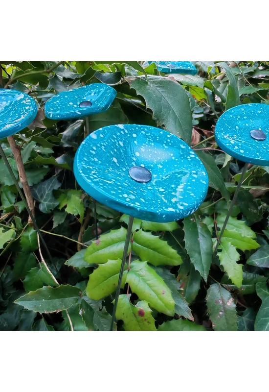 Round small glass flower for outdoor use in aquamarine-white colour with 43 cm stainless steel stem