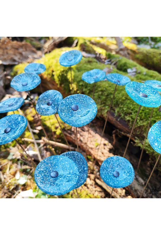 Kis méretű kerek üveg virág kültérre transzparens- türkiz-fehér színben 43 cm -es rozsdamentes acélszáron