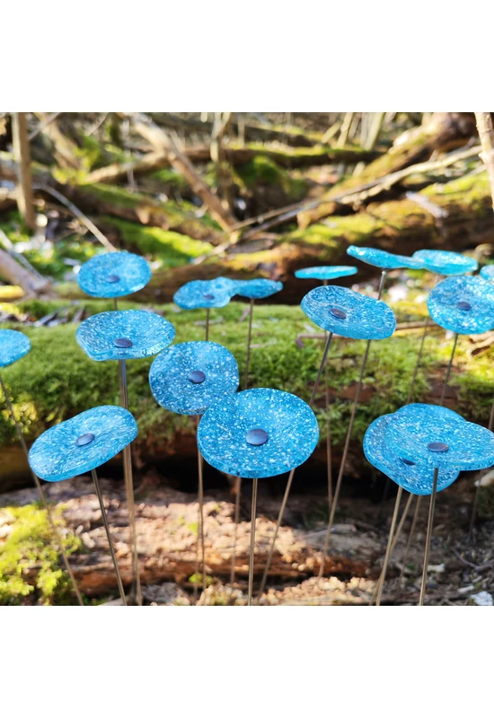 Kis méretű kerek üveg virág kültérre transzparens- türkiz-fehér színben 43 cm -es rozsdamentes acélszáron