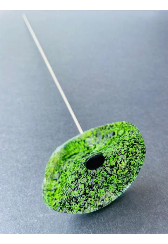 Kis méretű kerek üveg virág beltérre transzparens zöld, fekete színben 43 cm -es rozsdamentes acélszáron