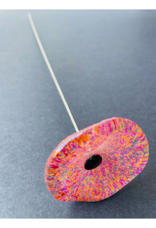 Kis méretű kerek üveg virág beltérre transzparens magenta, narancs színben 43 cm -es rozsdamentes acélszáron