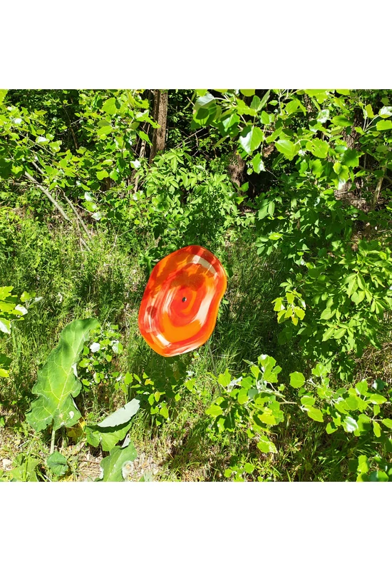 Extra nagy méretű 35 cm átmérőjű üveg virág kültérre piros-narancs-fehér színben 100 cm -es rozsdamentes acélszáron
