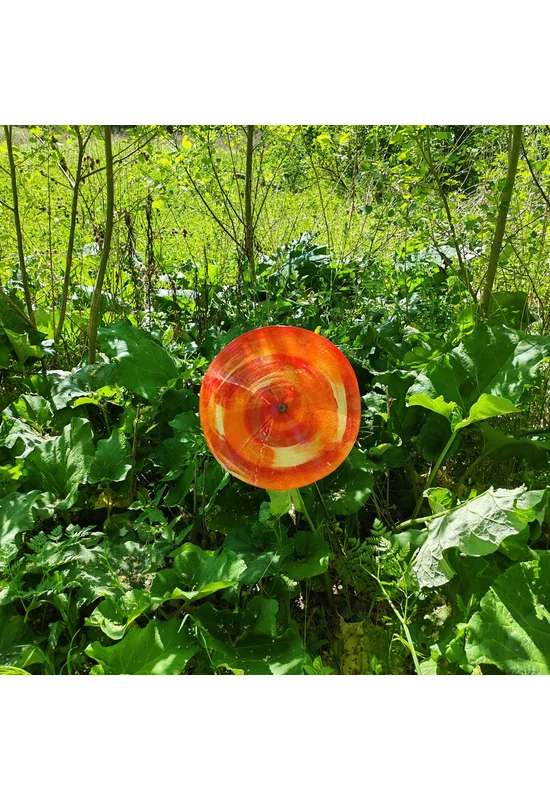 Extra nagy méretű 35 cm átmérőjű üveg virág kültérre piros-narancs-fehér színben 100 cm -es rozsdamentes acélszáron