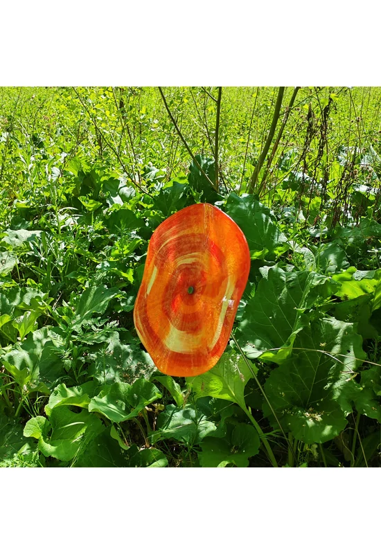 Extra nagy méretű 35 cm átmérőjű üveg virág kültérre piros-narancs-fehér színben 100 cm -es rozsdamentes acélszáron