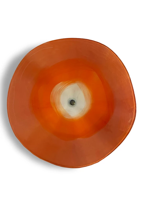 Extra large, hand-painted glass flower, in salmon-orange color scheme, for outdoor use, on a 1 m steel stem