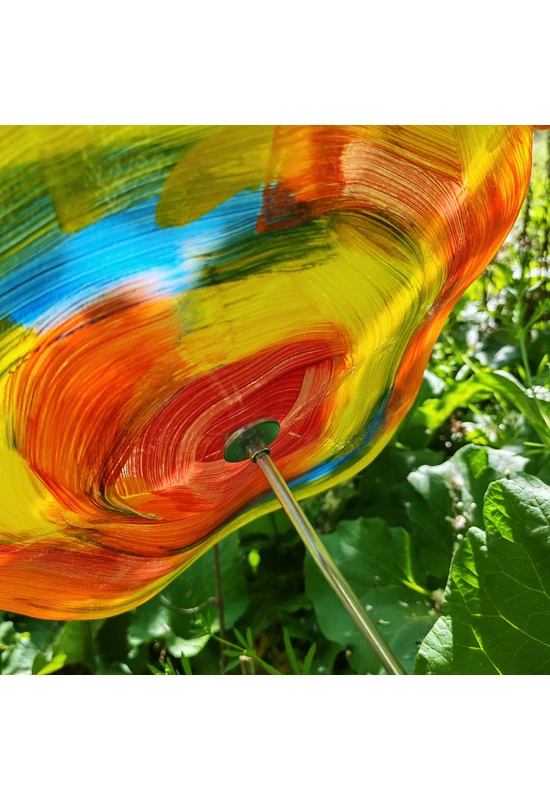 Extra nagy méretű 35 cm átmérőjű üveg virág kültérre sárga-kék színben 100 cm -es rozsdamentes acélszáron