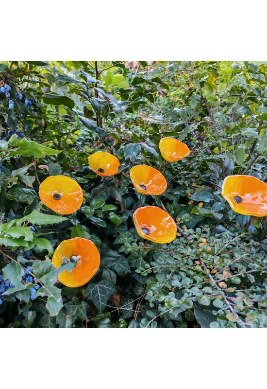 Közepes méretű üveg tölcsér virág kültérre sárga-narancs színben 43 cm -es rozsdamentes acélszáron