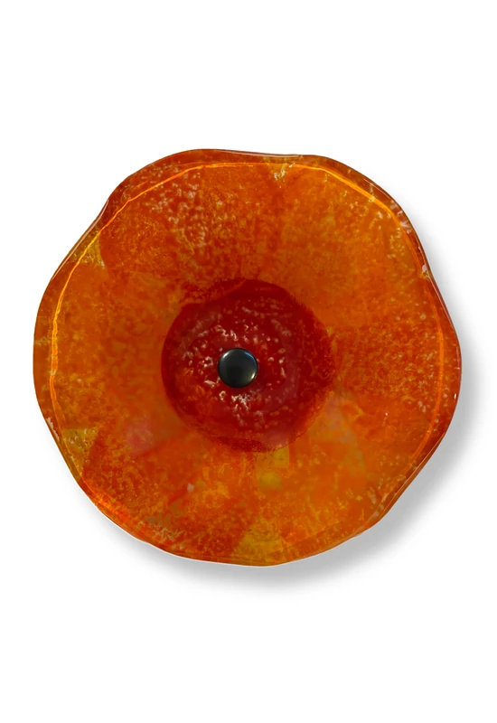 Közepes méretű, kézzel festett margaréta üvegvirág,  piros-narancs színállásban, kültéri használatra, 43 cm-es acélszáron