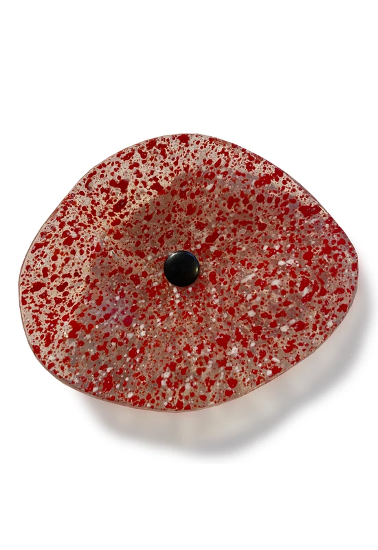 Transzparens alapszínű ovális üvegvirág  vörös-fehér pöttyökkel