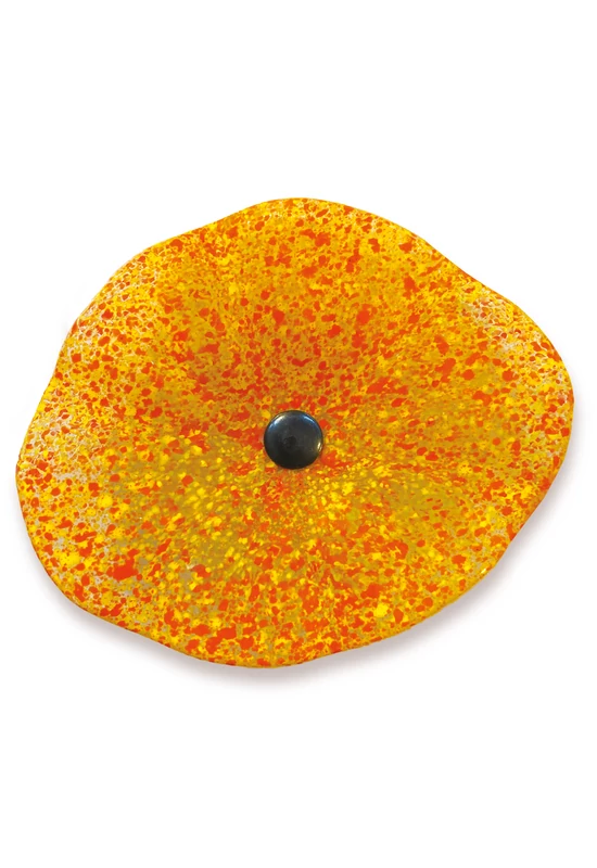 Transzparens alapszínű ovális üvegvirág  narancs-sárga pöttyökkel,  kültéri használatra, 43 cm-es acélszáron