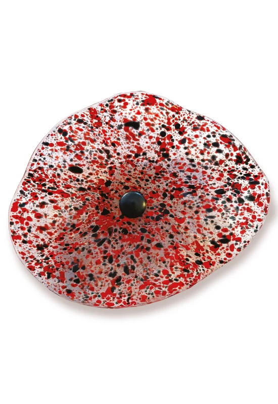 Transzparens alapszínű ovális üvegvirág  vörös-fekete pöttyökkel