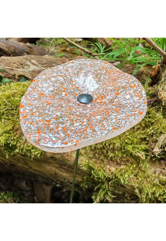 Transparent basic color oval glass flower, with white-orange dots, for outdoor use, on a 43 cm steel stem