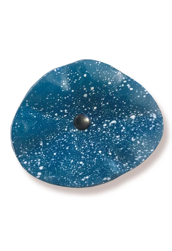 Akvamarin alapszínű ovális üvegvirág fehér pöttyökkel , kültéri használatra, 43 cm-es acélszáron