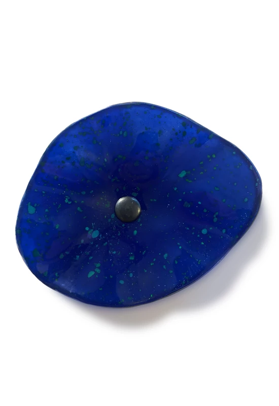 Dark blue basic oval glass flower with light blue dots, for outdoor use, on a 43 cm steel stem