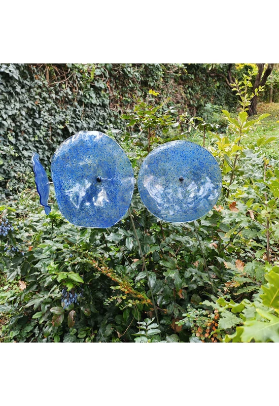 Large size glass flower for outdoor use in transparent, dark blue, light blue colour with 1 meter stainless steel stem
