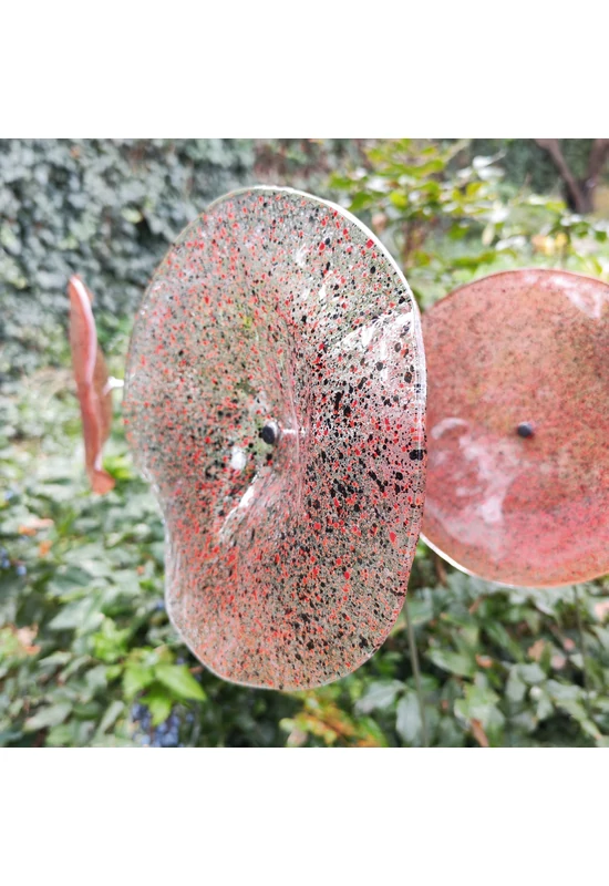 Nagy méretű 18 cm átmérőjű üveg virág kültérre transzparens- fekete-piros színben 100 cm -es rozsdamentes acélszáron