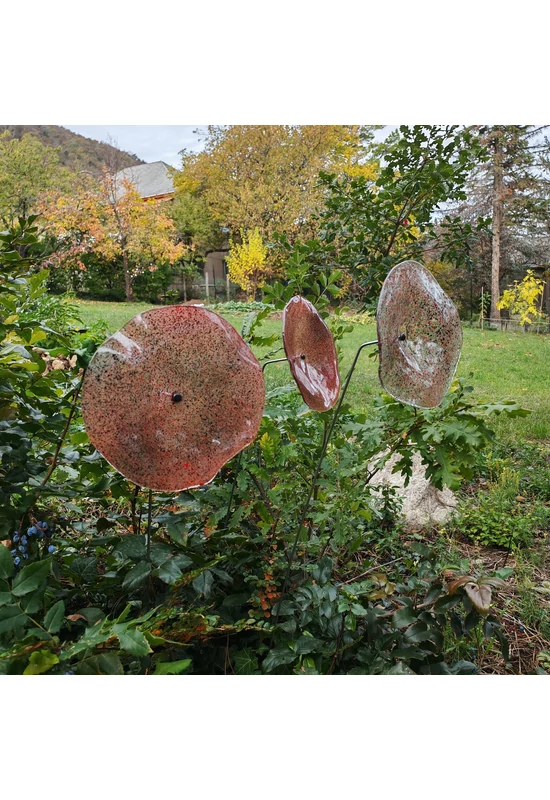 Nagy méretű 18 cm átmérőjű üveg virág kültérre transzparens- fekete-piros színben 100 cm -es rozsdamentes acélszáron