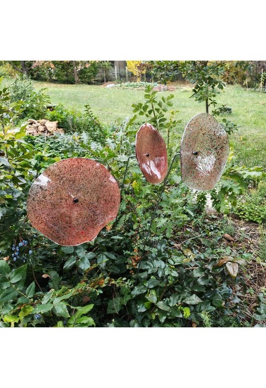 Nagy méretű 18 cm átmérőjű üveg virág kültérre transzparens- fekete-piros színben 100 cm -es rozsdamentes acélszáron