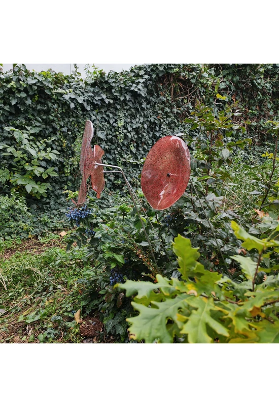 Nagy méretű 18 cm átmérőjű üveg virág kültérre transzparens- fekete-piros színben 100 cm -es rozsdamentes acélszáron