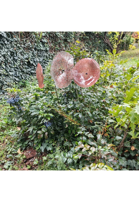 Nagy méretű 18 cm átmérőjű üveg virág kültérre transzparens- fekete-piros színben 100 cm -es rozsdamentes acélszáron