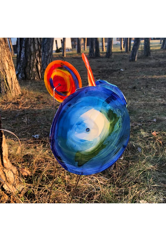 Nagy méretű 18 cm átmérőjű üveg virág kültérre sötétkék-zöld színben 100 cm -es rozsdamentes acélszáron