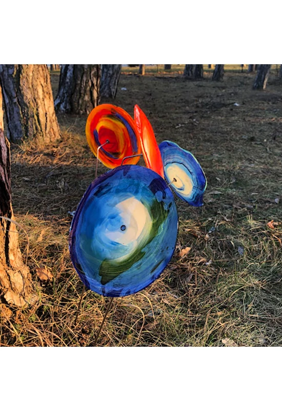 Nagy méretű 18 cm átmérőjű üveg virág kültérre sötétkék-zöld színben 100 cm -es rozsdamentes acélszáron