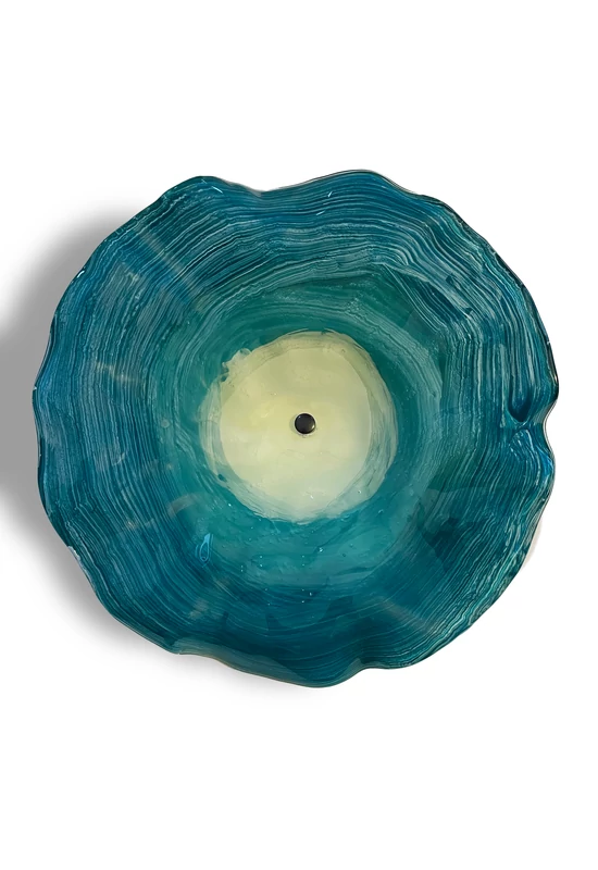 Large, hand-painted glass flower,aquamarine-white, for outdoor use on a 1 m steel stem