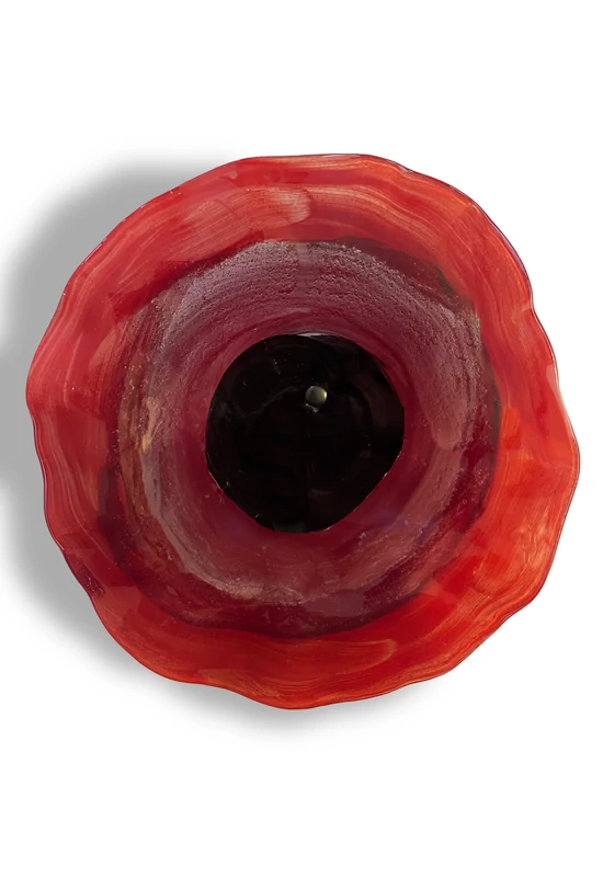 Large, hand-painted glass flower, in red and black, for outdoor use on a 50 cm steel stem