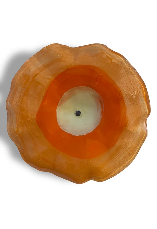 Large, hand-painted glass flower, in salmon-orange color scheme, for outdoor use on a 50 cm steel stem