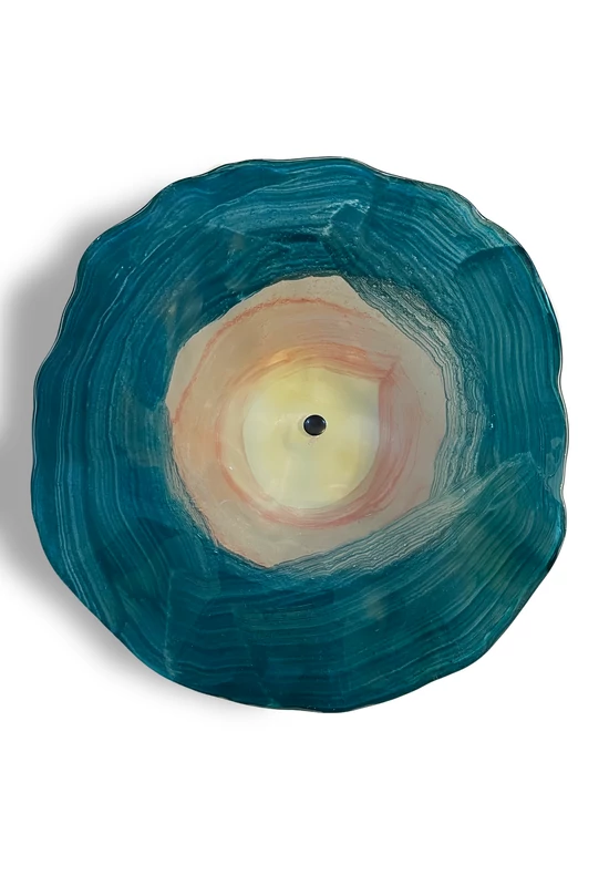 Large, hand-painted glass flower, in turqouise-pink color, for outdoor use on a 1 m steel stem