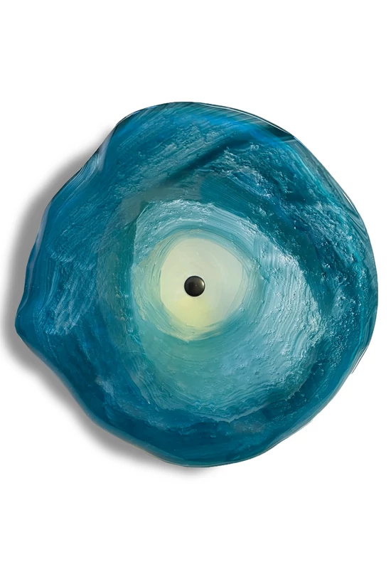 Medium-sized, hand-painted glass flower, in aquamarine-white color scheme, for outdoor use, on a 50 cm steel stem