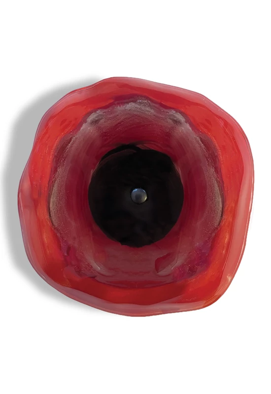 Medium-sized, hand-painted glass flower, in red-black color scheme, for outdoor use, on a 50 cm steel stem