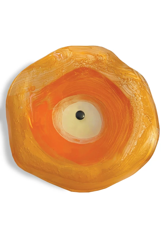 Medium-sized, hand-painted glass flower, in salmon-orange color scheme, for outdoor use, on a 1 m steel stem