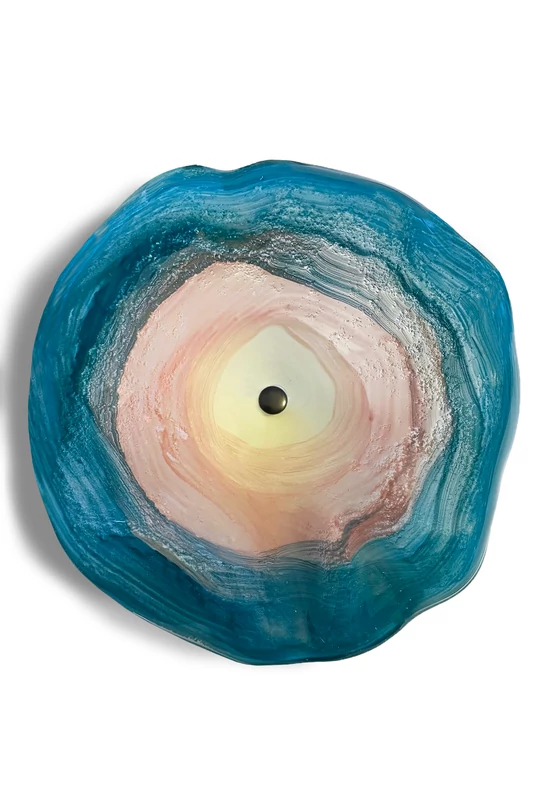 Medium-sized, hand-painted glass flower, in turquoise-pink color scheme, for outdoor use, on a 1 m steel stem