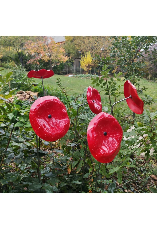 Közepes méretű üveg tölcsér virág kültérre piros- fehér színben 100 cm -es rozsdamentes acélszáron